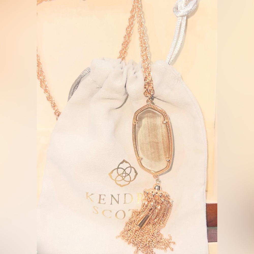 Auth NEW! Kendra Scott 14k Rose Gold Dust Glass Long Necklace Tassel.BNWOT